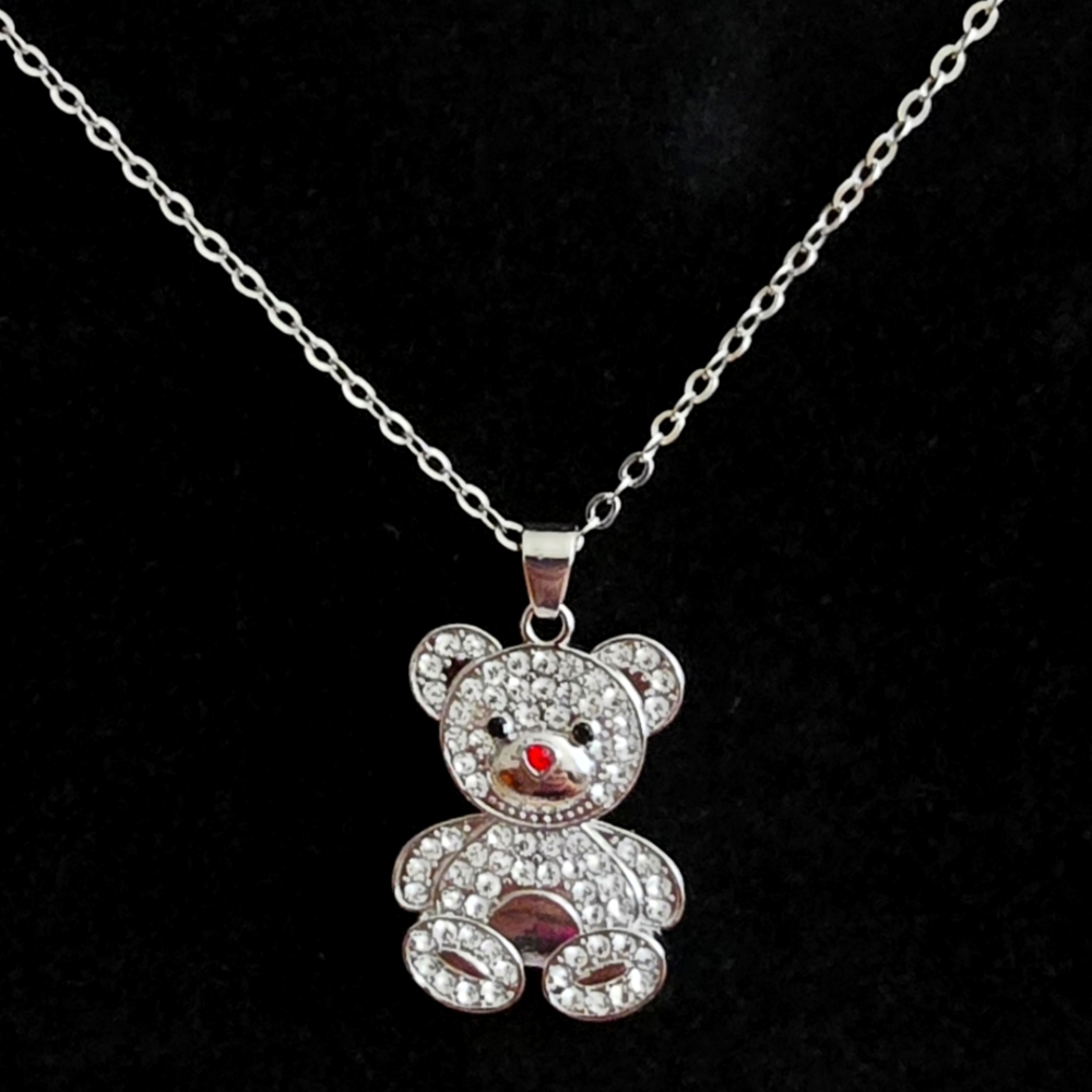 Sparkling Silver Teddy Bear Necklace